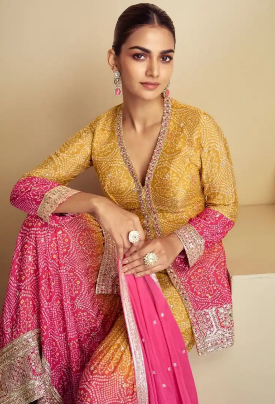 Vibrant Yellow & Pink Bandhani Embroidered Sharara Suit
