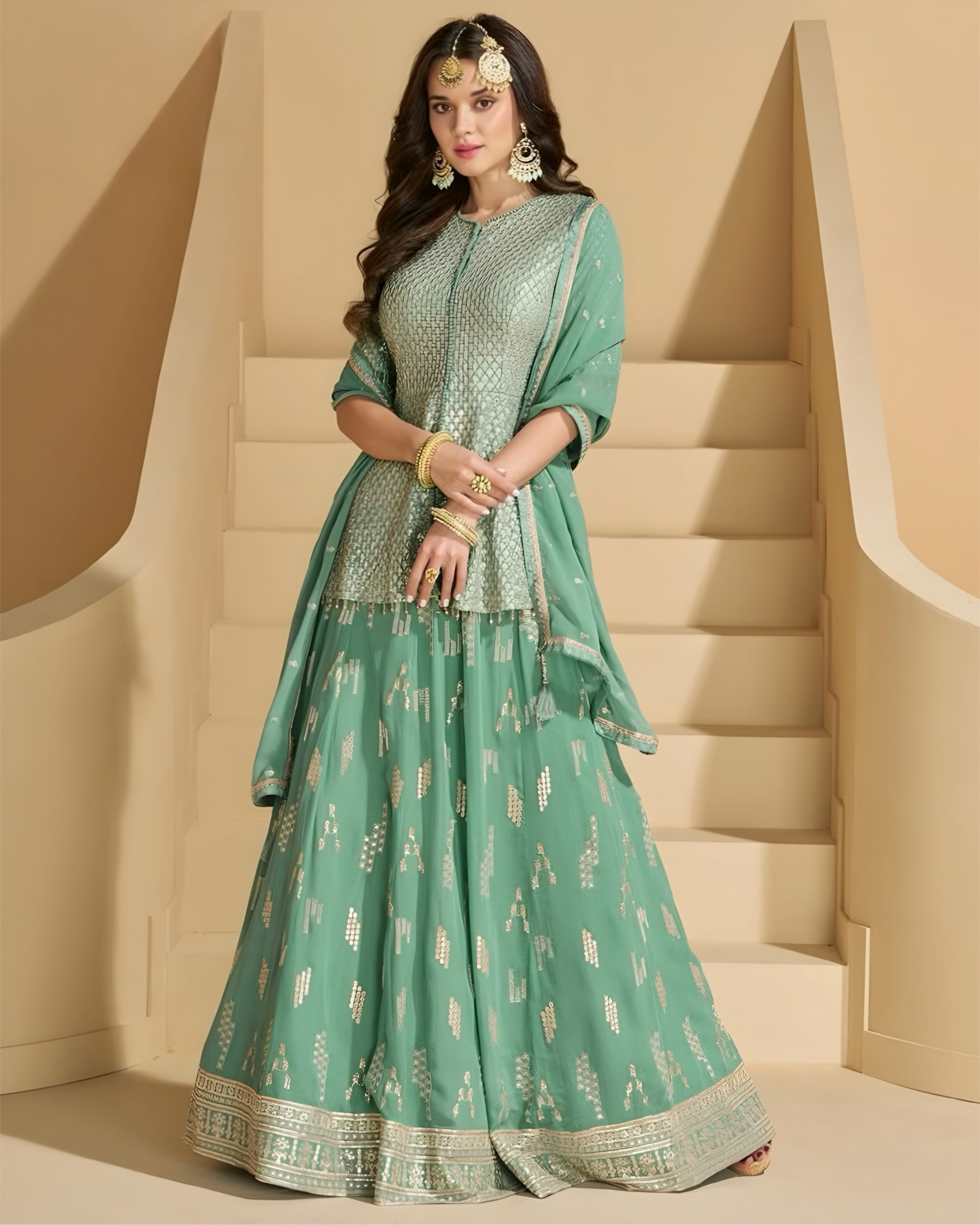 Pastel Green Foil work Georgette Lehenga with Heavy Embroidery Salwar Suit