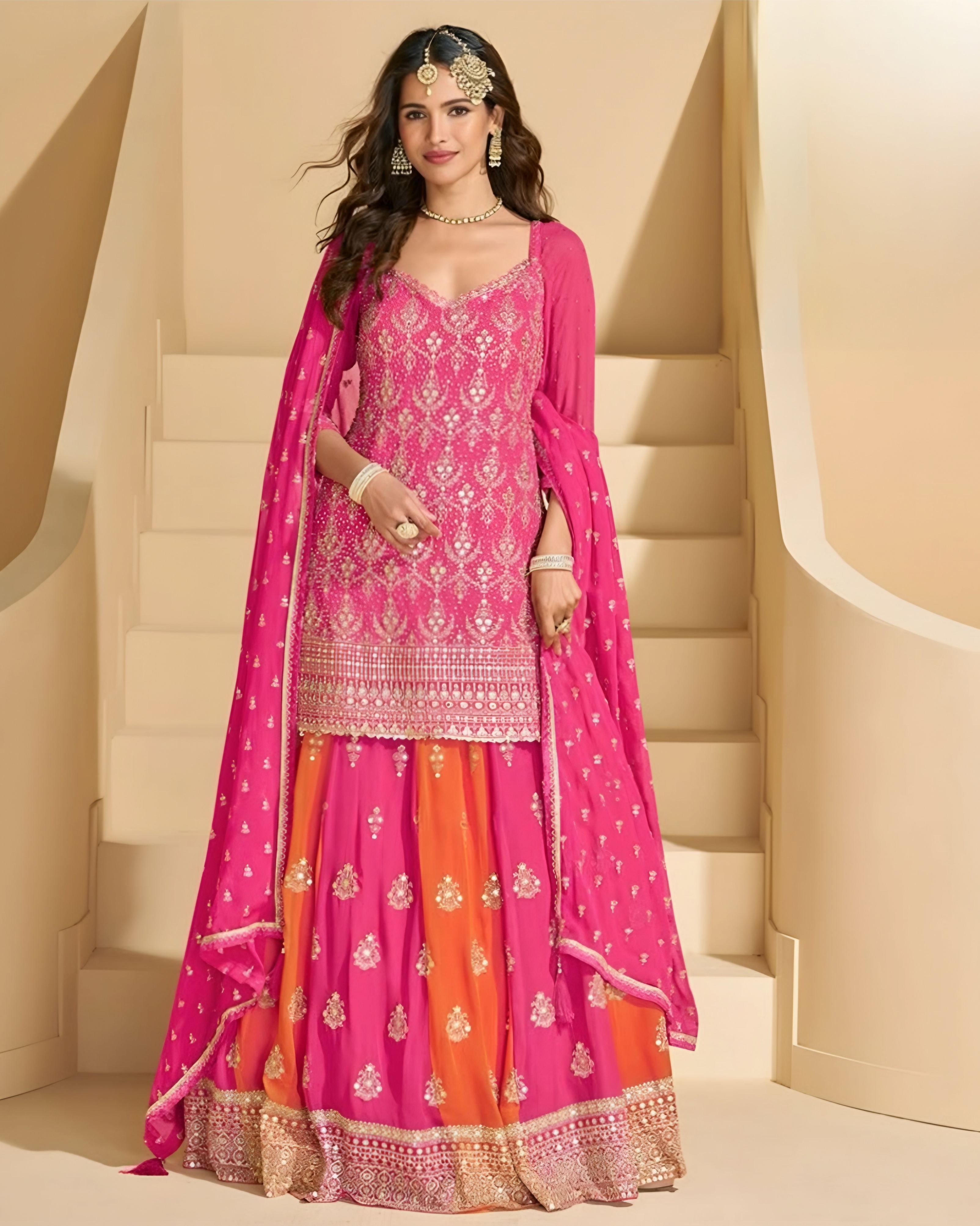 Hot Pink & Orange Georgette Lehenga with Heavy Embroidery Salwar Suit