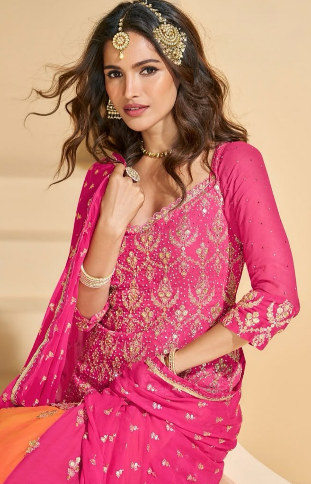 Hot Pink & Orange Georgette Lehenga with Heavy Embroidery Salwar Suit