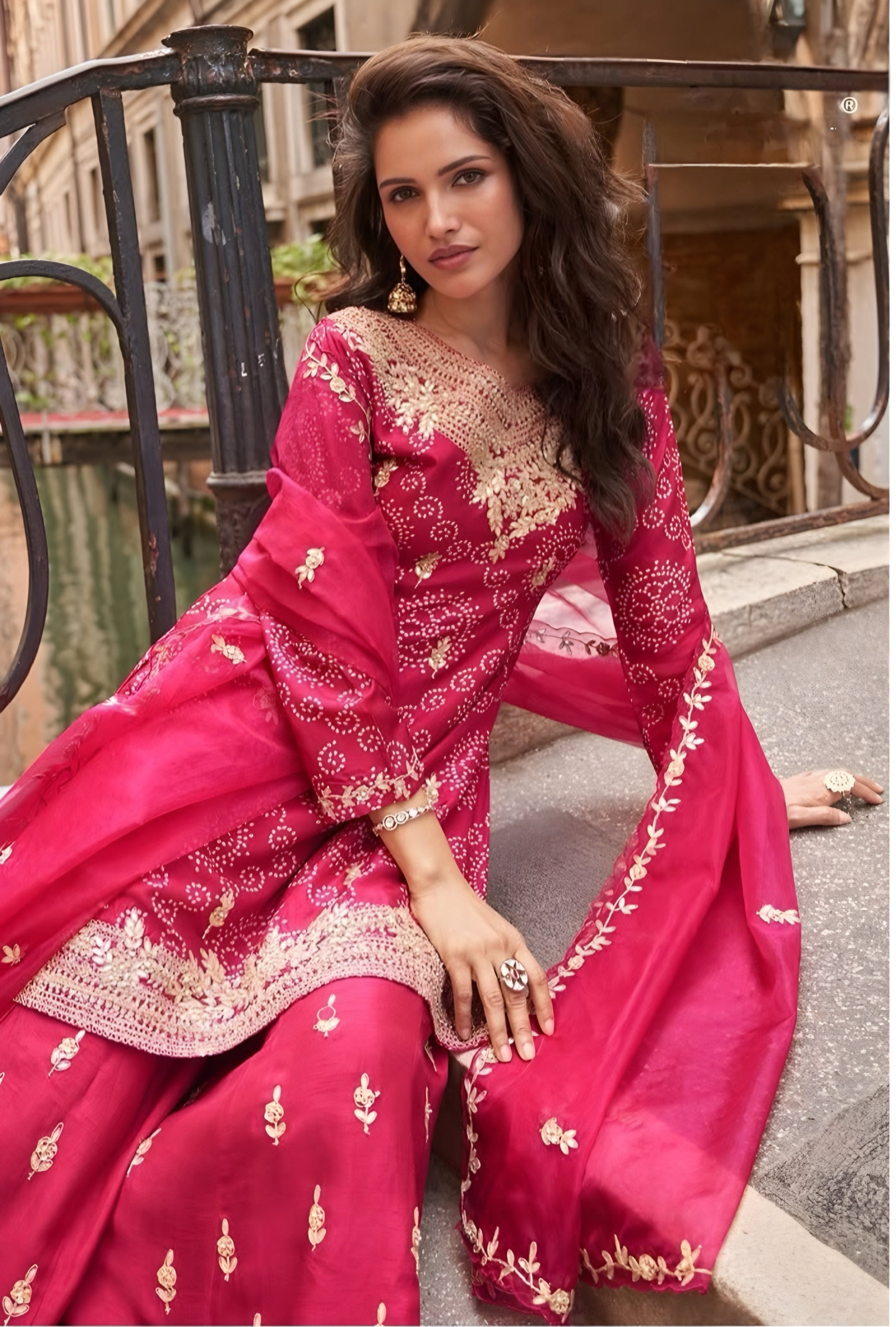 Premium Chinon Silk Palazzo Suits Pink