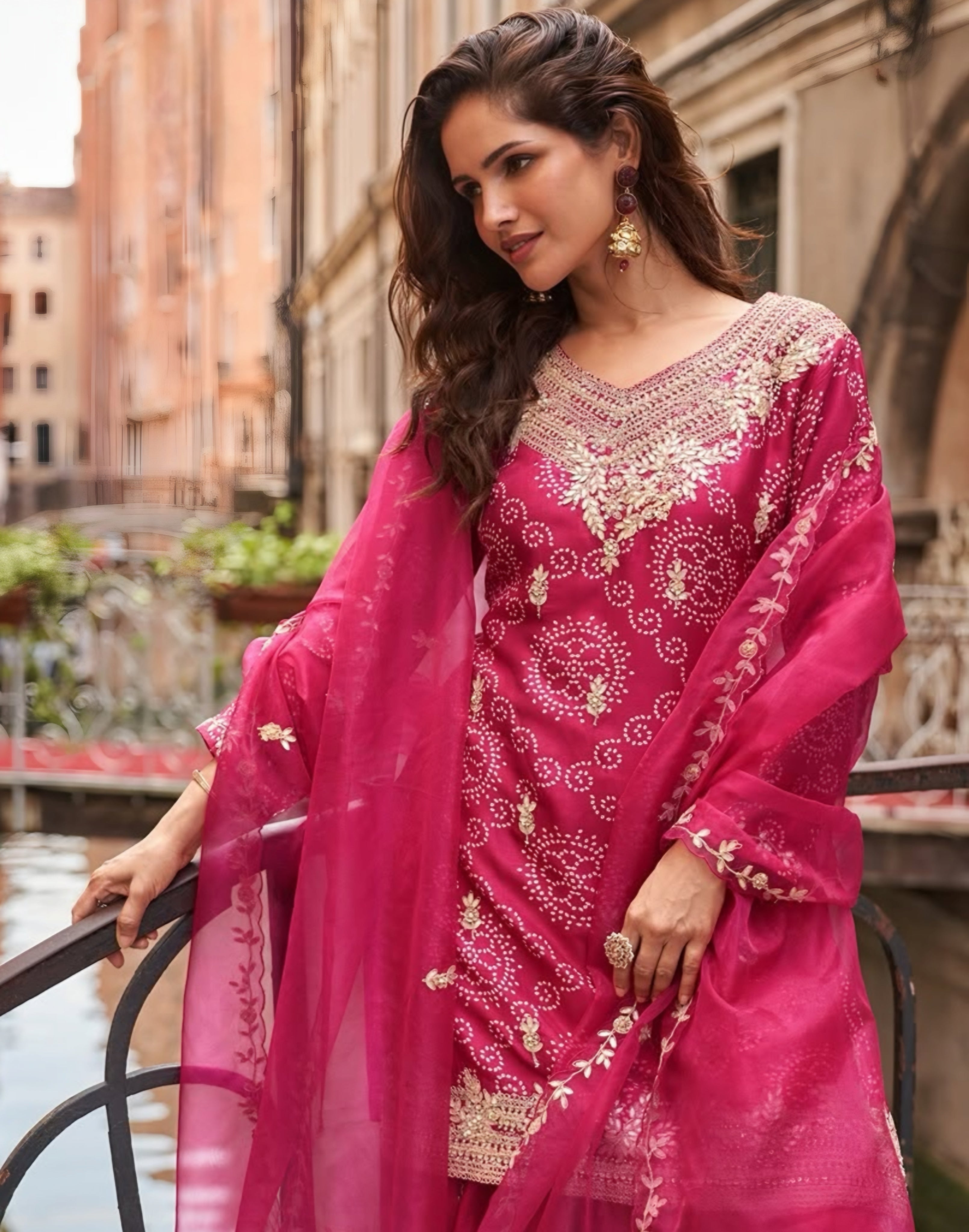 Premium Chinon Silk Palazzo Suits Pink