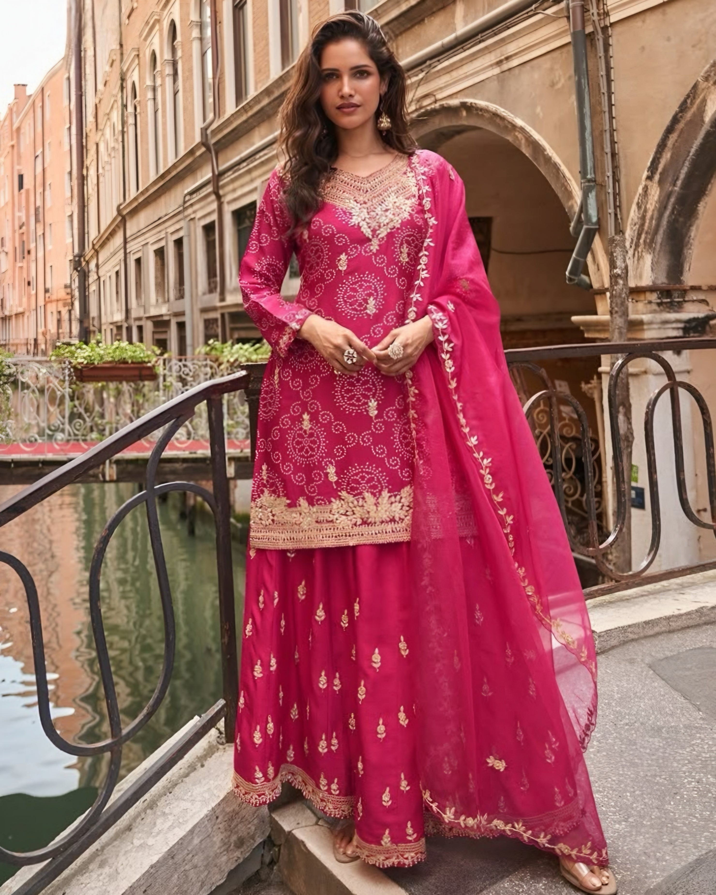 Premium Chinon Silk Palazzo Suits Pink