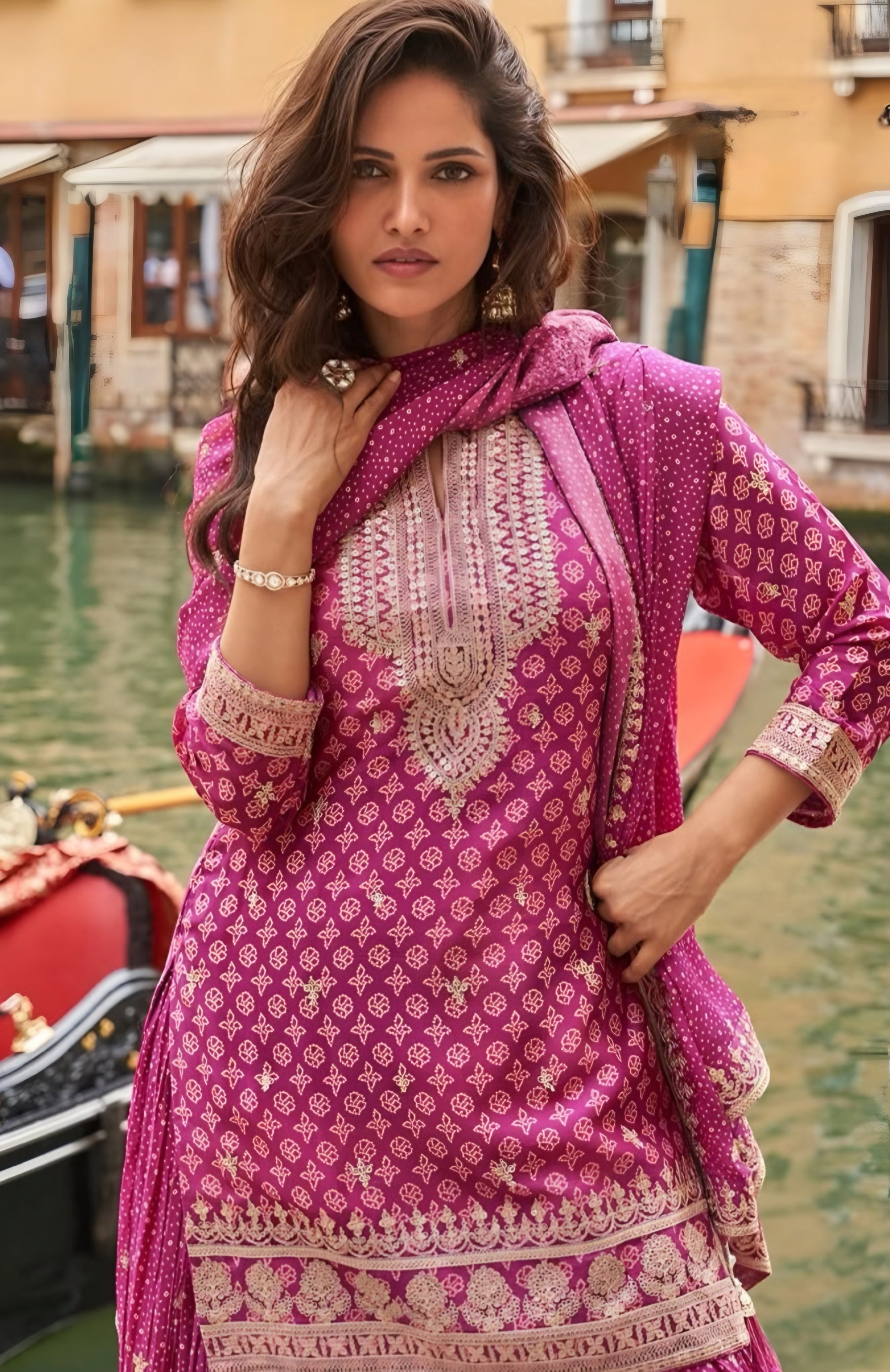 Premium Chinon Silk Palazzo Suits Magenta