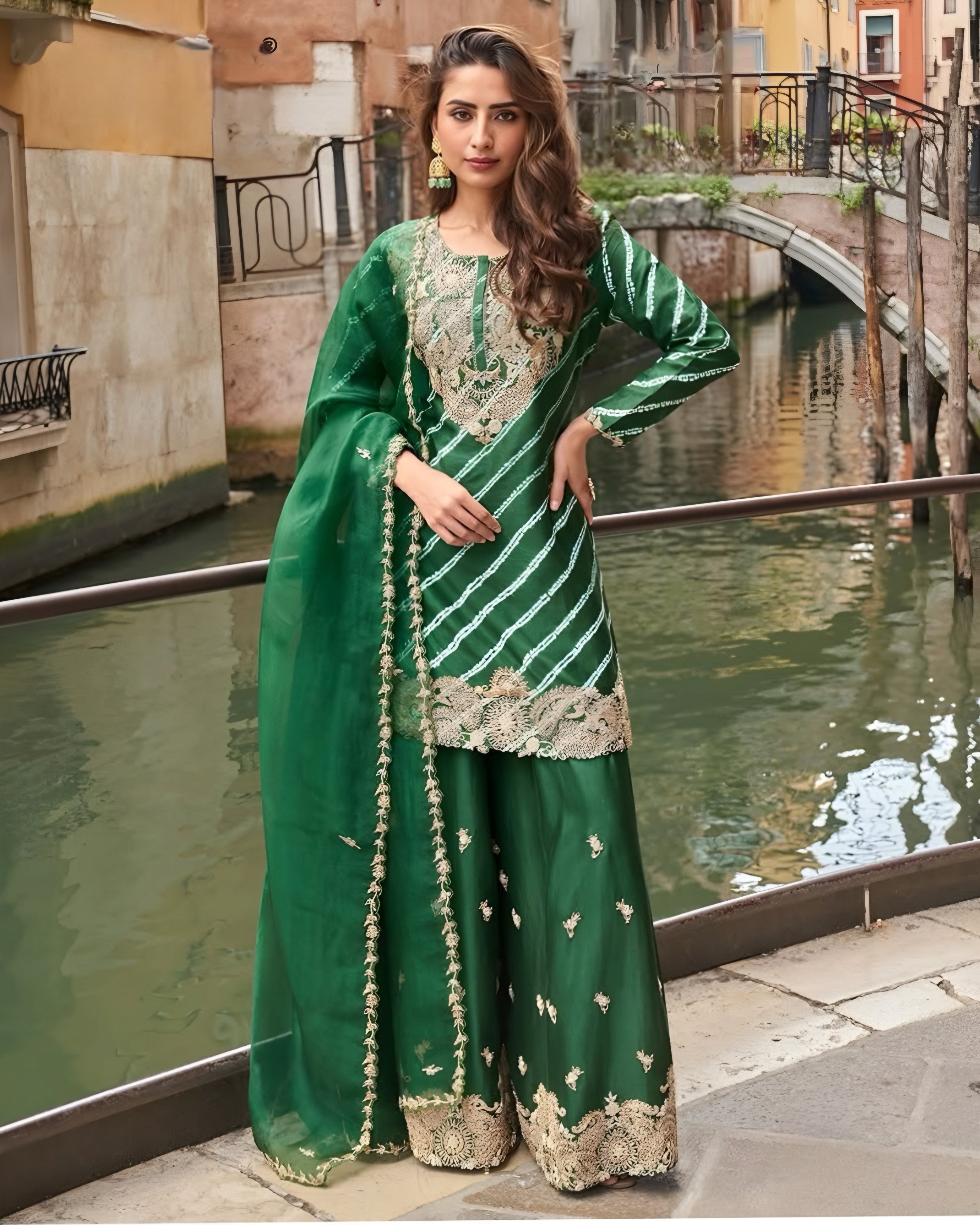 Premium Chinon Silk Palazzo Suits Green
