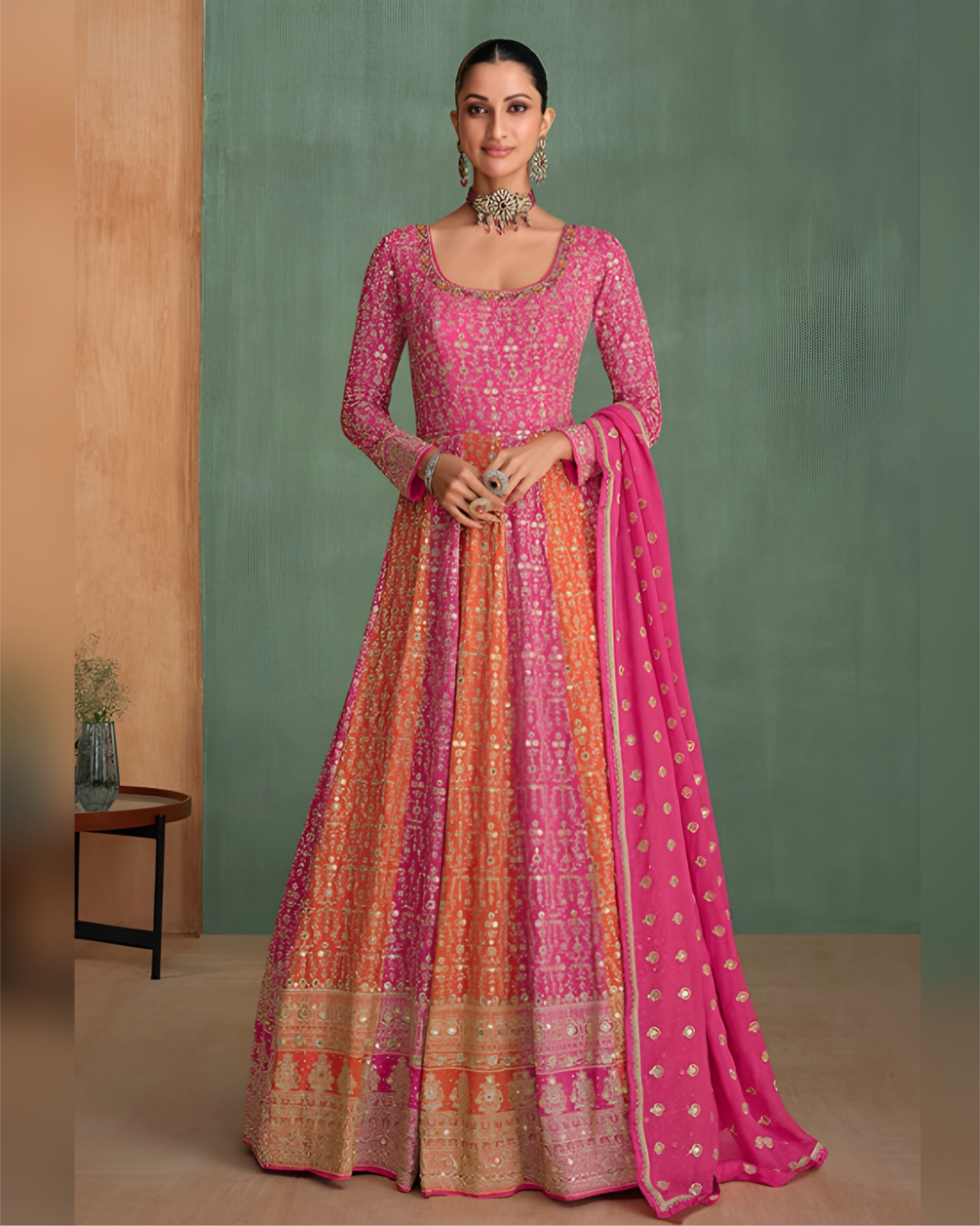 Pink and Orange Embroidered Georgette Anarkali Suits