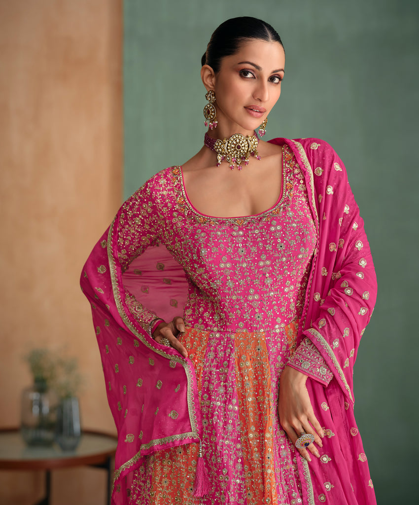 Pink and Orange Embroidered Georgette Anarkali Suits Close 
