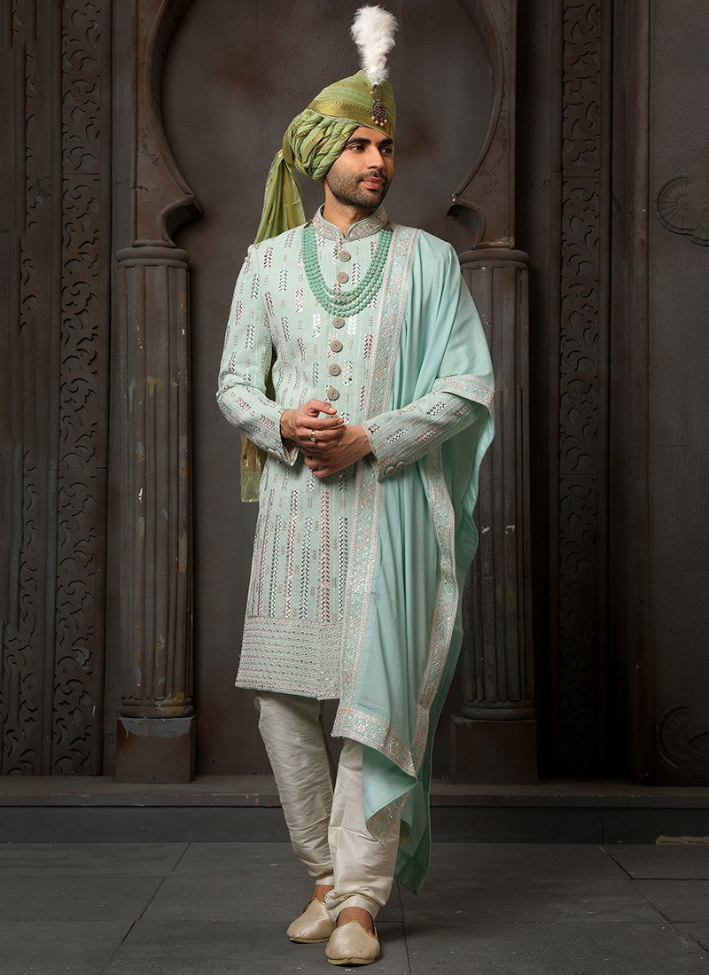 Pista Green Embroidered Sherwani - Sakhi Fashions