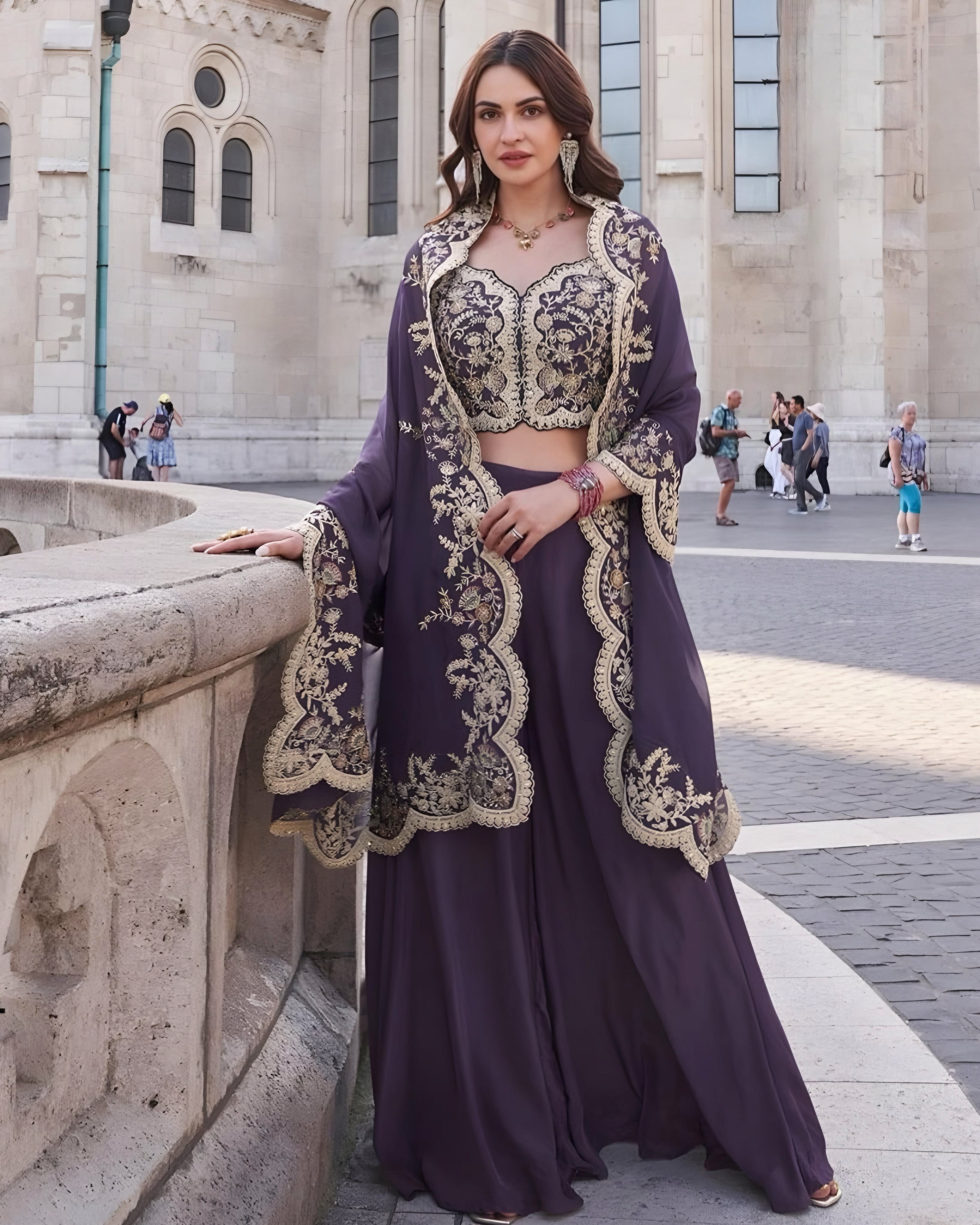 Front view of a purple embroidered crop top with gold detailing and matching palazzo pants, ideal for weddings and festive events
