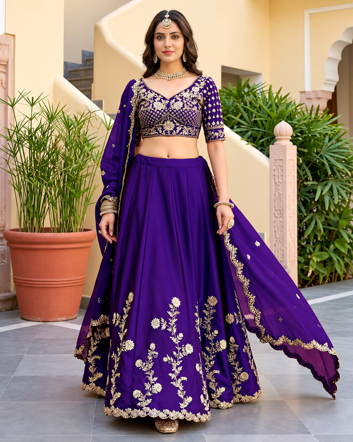 Purple Silk Embroidered Lehenga Choli