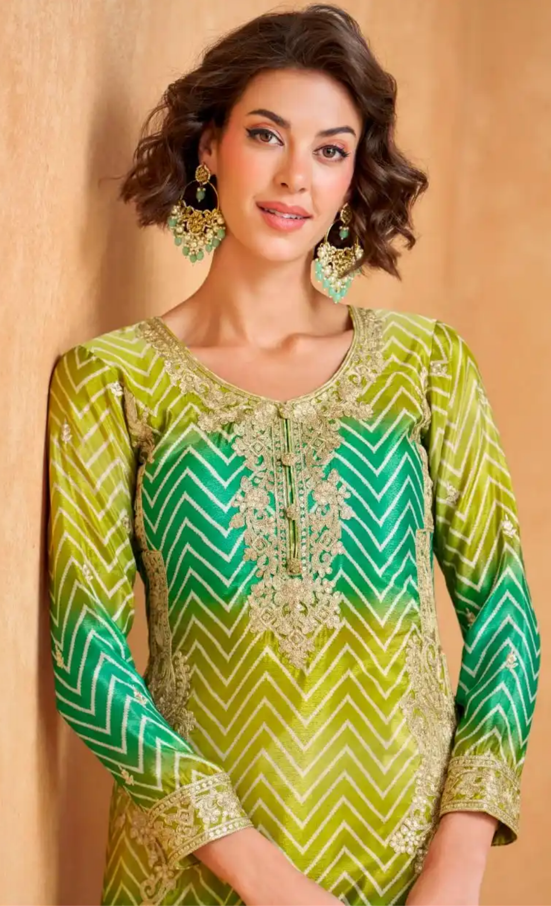Radiant Yellow & Emerald Green Premium Chinon Silk Palazzo Suits