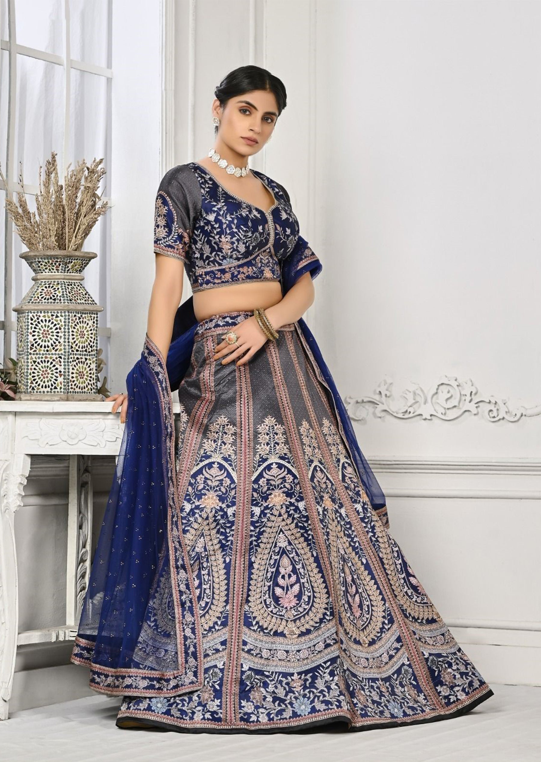 Designer Carika silk embroidery ethereal dupatta lehenga