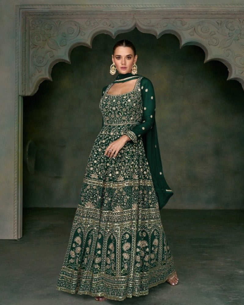 Dark Green Georgette Anarkali Suit with Full Embroidery & Dupatta