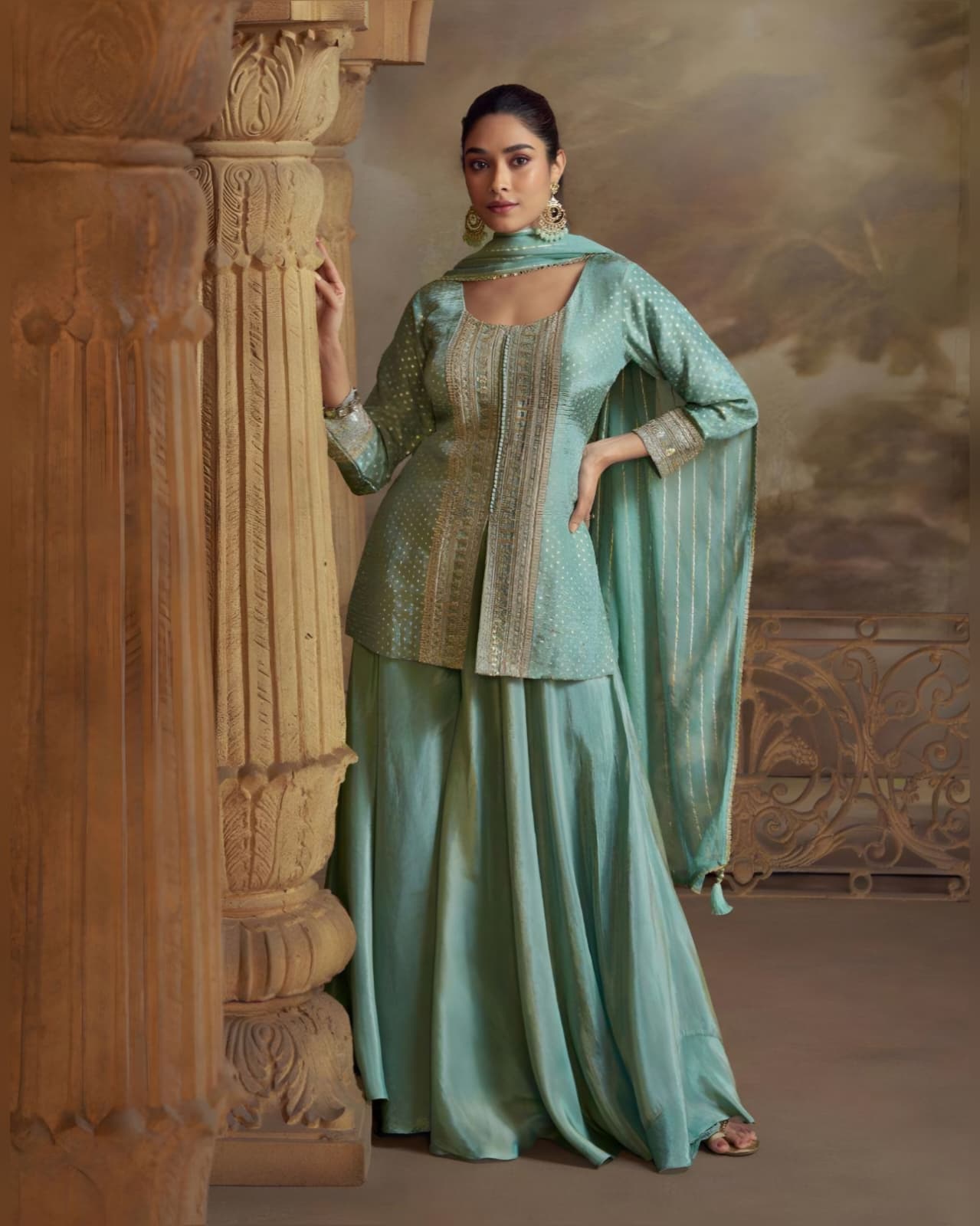 Sage Green Embroidered Sharara Set