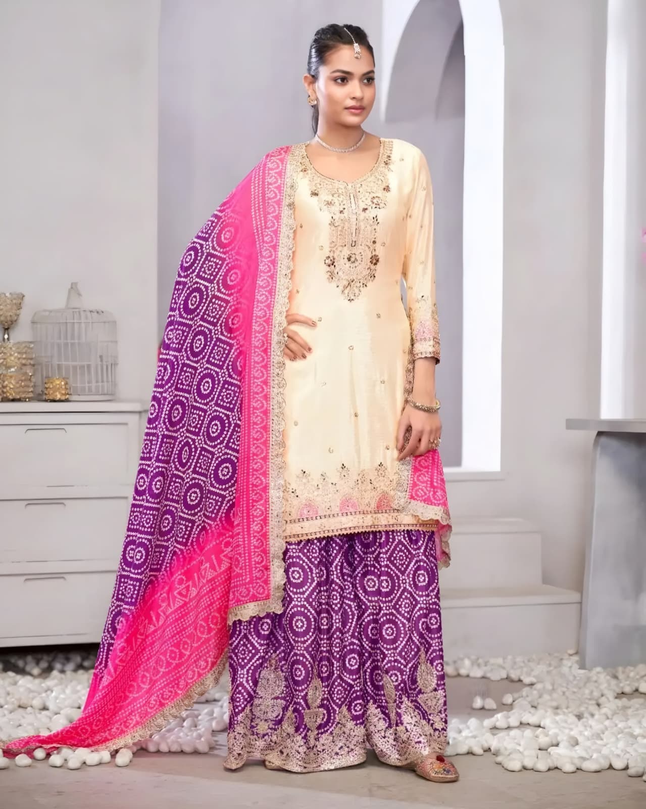 Cream & Purple Bandhani Sharara Set