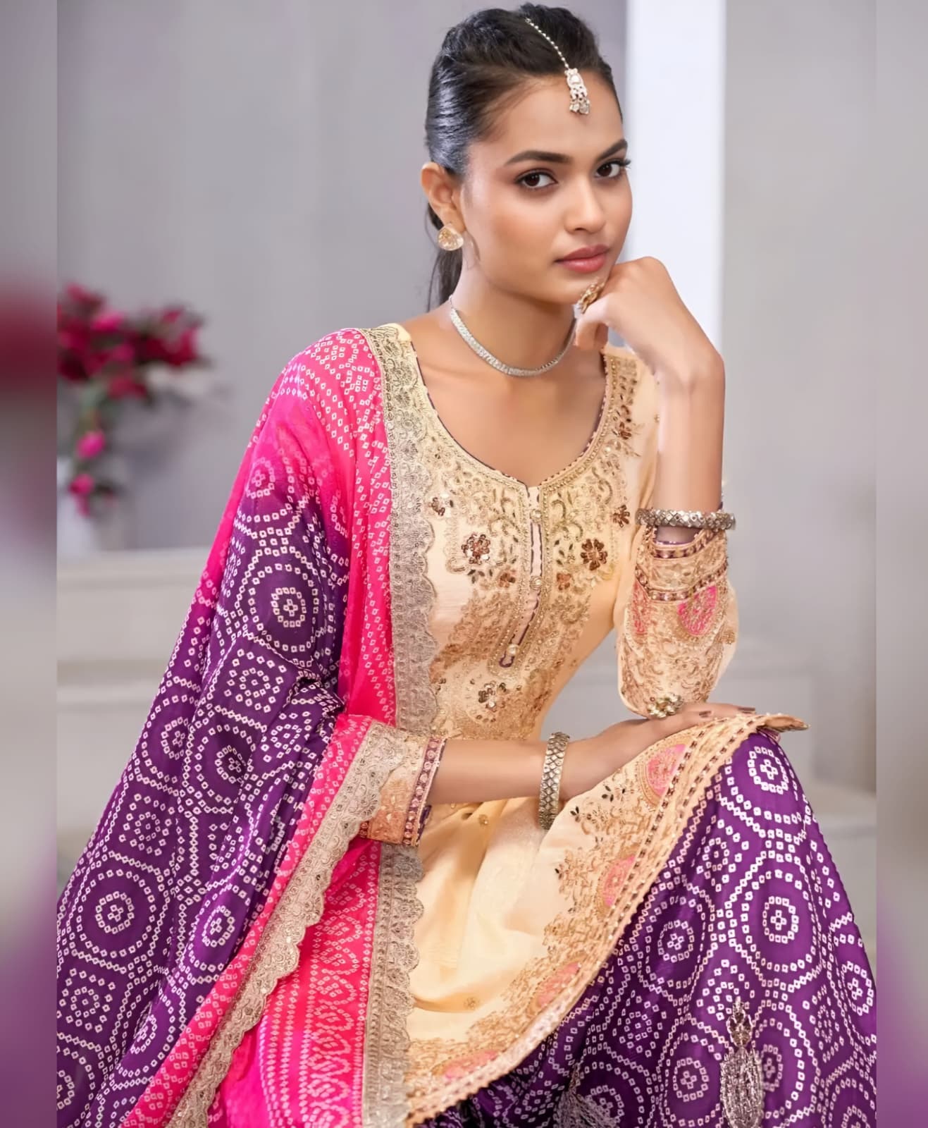 Cream & Purple Bandhani Sharara Set