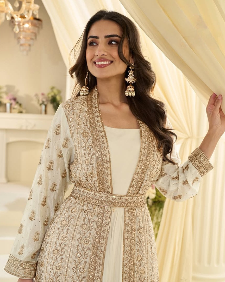 Woman in an embroidered traditional outfit standing in a decorated room.