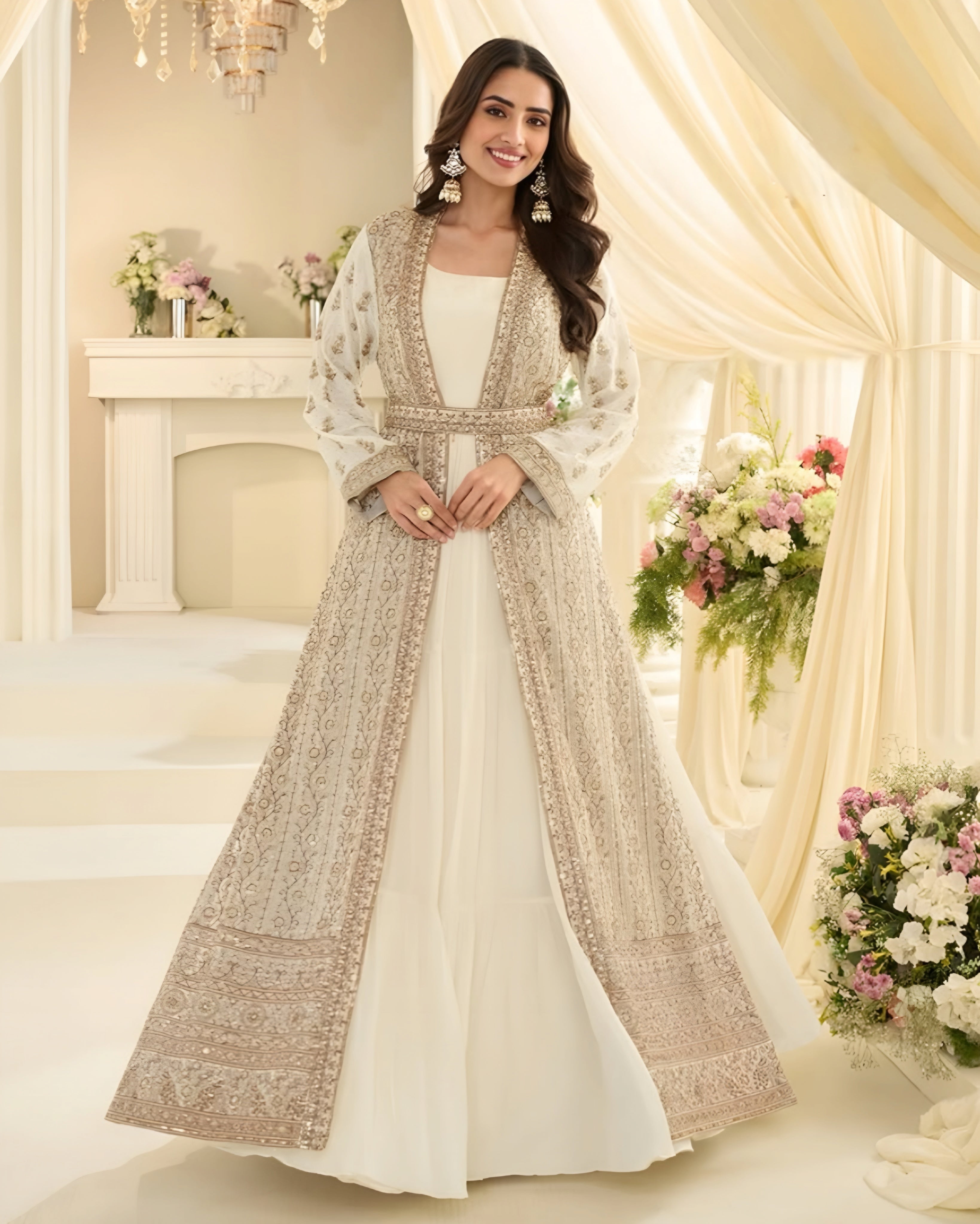 Woman in a white and beige embroidered traditional outfit in a decorated room.