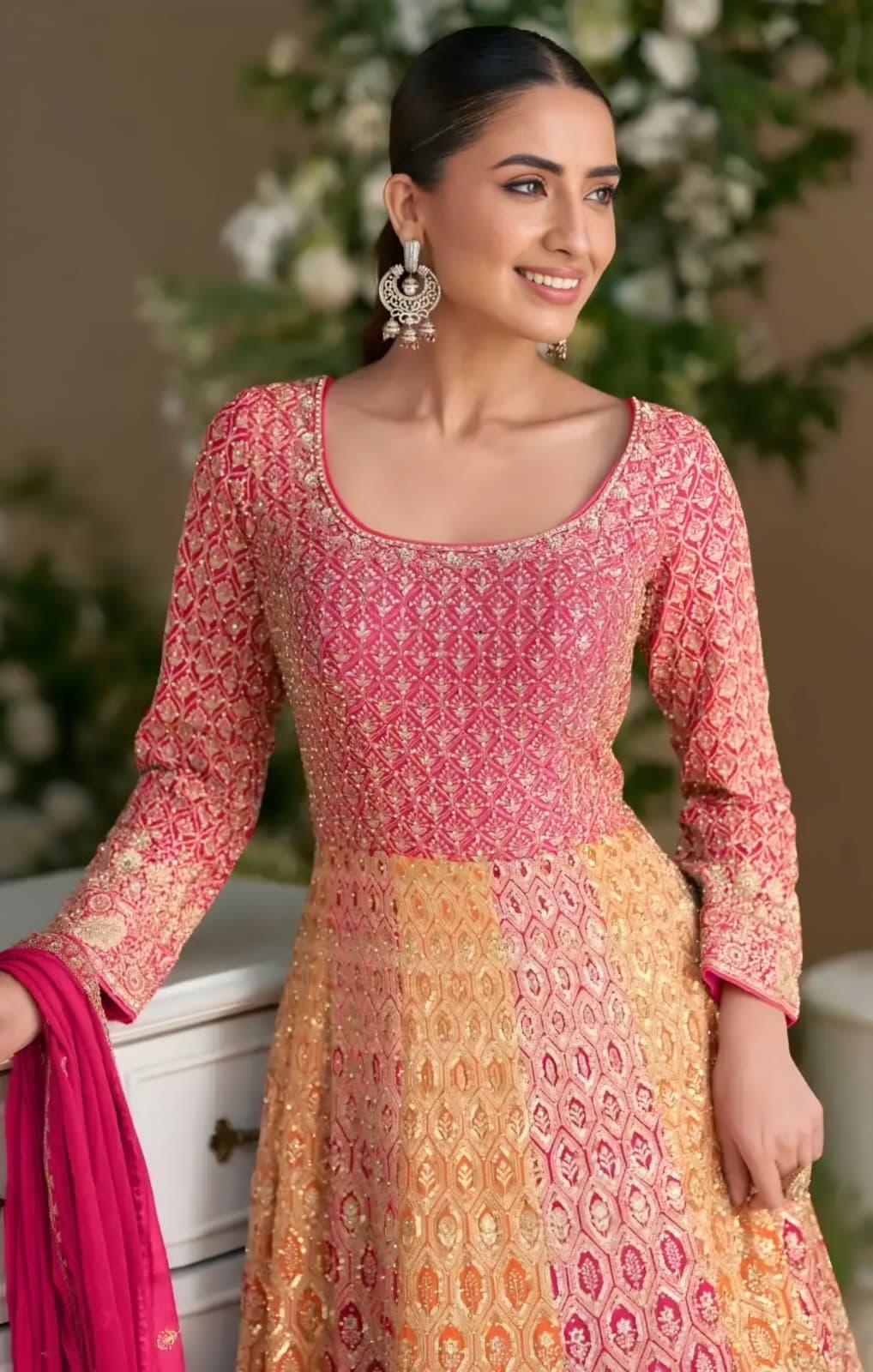 Real Premium Georgette Heavy Embroidered Anarkali Gown With Swarovski Zarkan Work Royal Pink Ombre