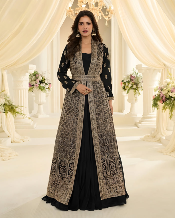 Black Chinon Silk Embroidered Jacket Gown – Sakhi Fashions