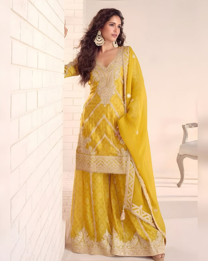 Bright Yellow Embroidered Salwar Suit with Sharara & Dupatta – Sakhi Fashions
