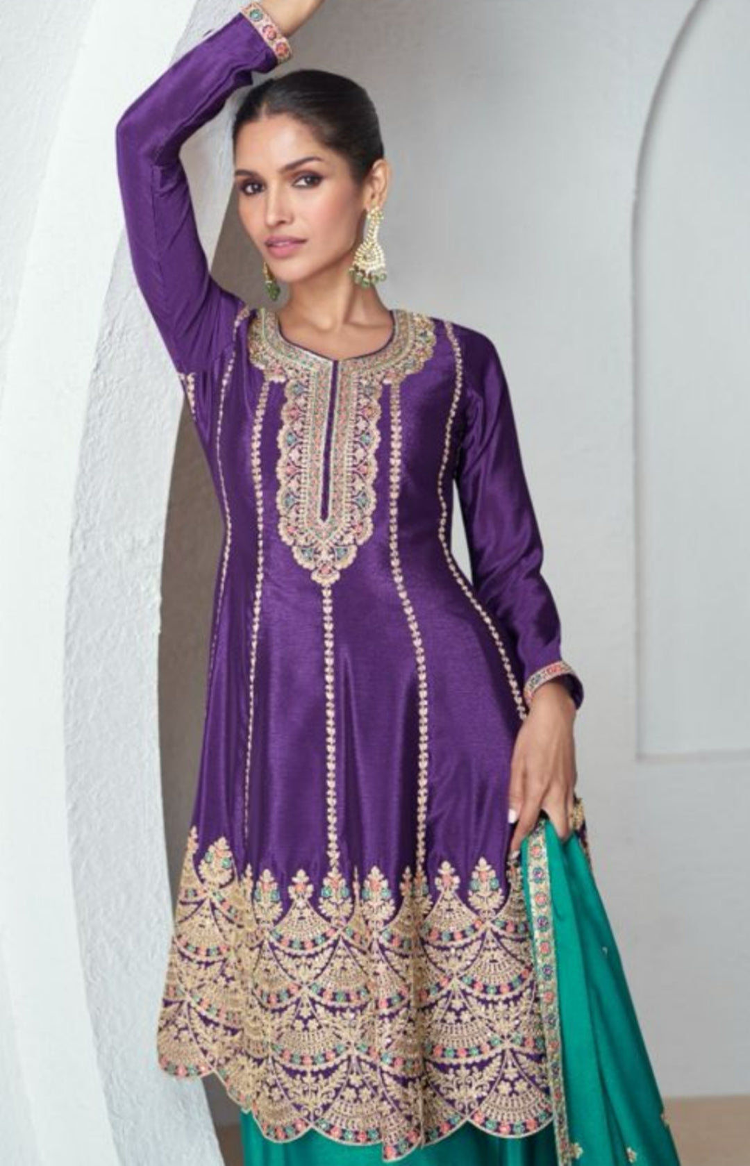 Woman wearing violet embroidered Chinon silk kurta with aqua green palazzo and dupatta