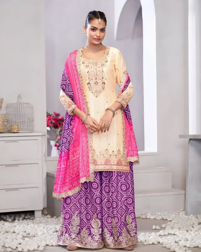 Cream & Purple Bandhani Sharara Set – Sakhi Fashions