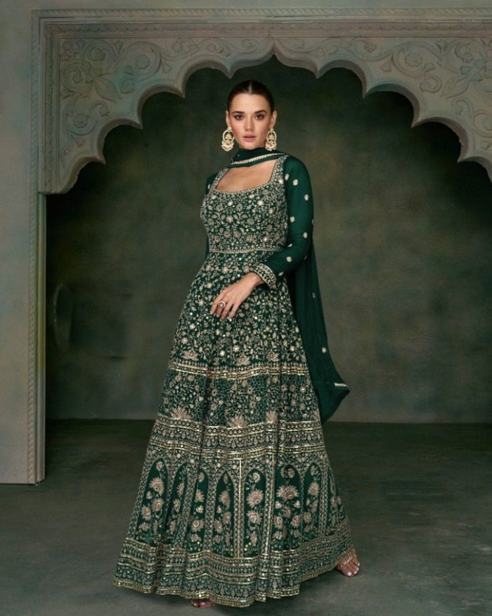 Dark Green Georgette Anarkali Suit with Full Embroidery & Dupatta – Sakhi Fashions