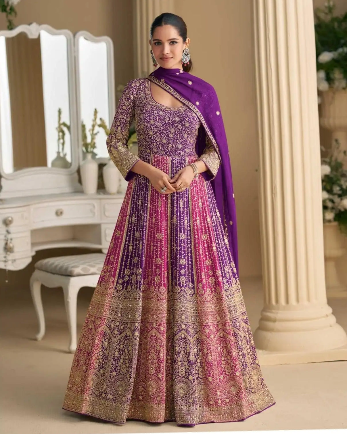 Real Premium Georgette Heavy Embroidered Anarkali Gown With Swarovski Zarkan Work Purple
