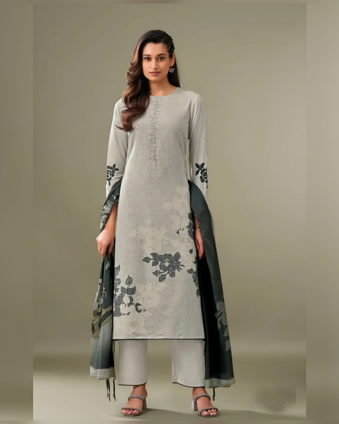 Elegant Grey Floral Printed Salwar Kameez Set with Dupatta – Sakhi Fashions