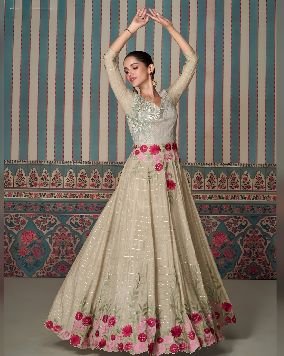 Elegant Premium Silk Floral Anarkali Gown Beige – Sakhi Fashions