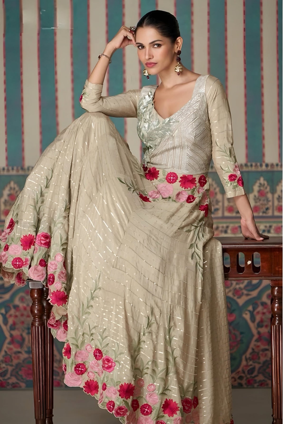 Elegant Premium Silk Floral Anarkali Gown Beige – detail view 2 – Sakhi Fashions