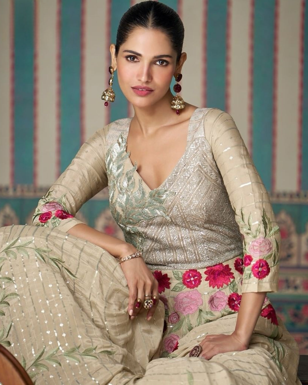 Elegant Premium Silk Floral Anarkali Gown Beige – detail view 3 – Sakhi Fashions