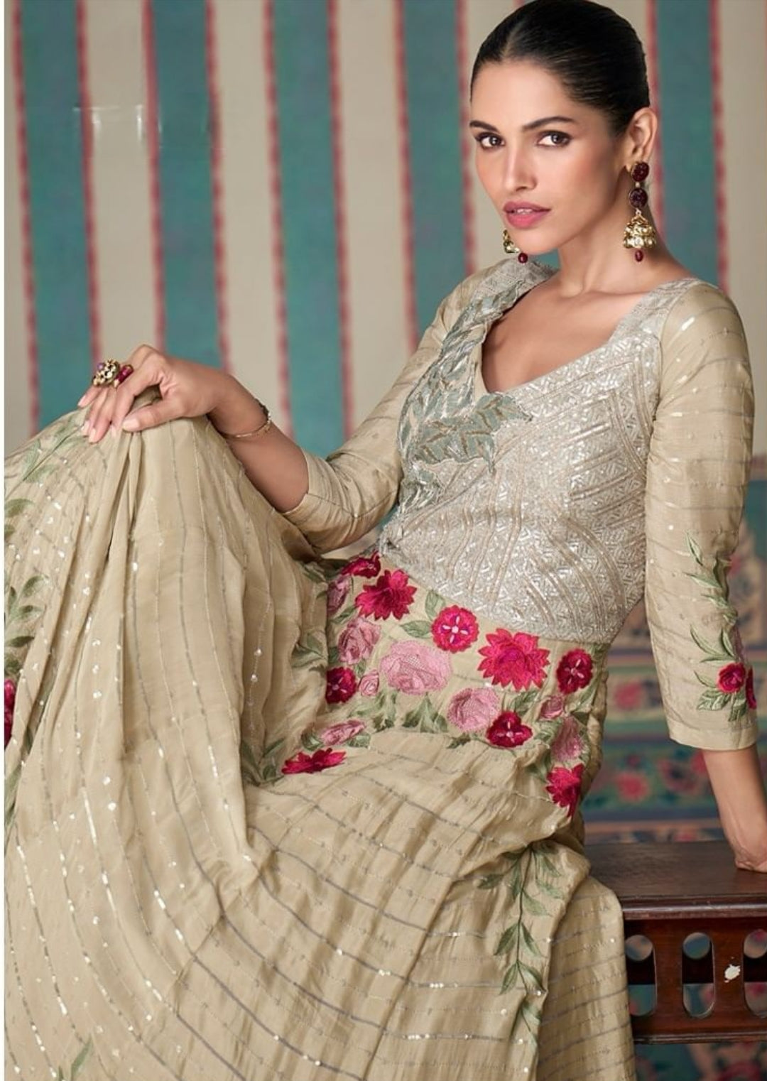 Elegant Premium Silk Floral Anarkali Gown Beige – detail view 4 – Sakhi Fashions