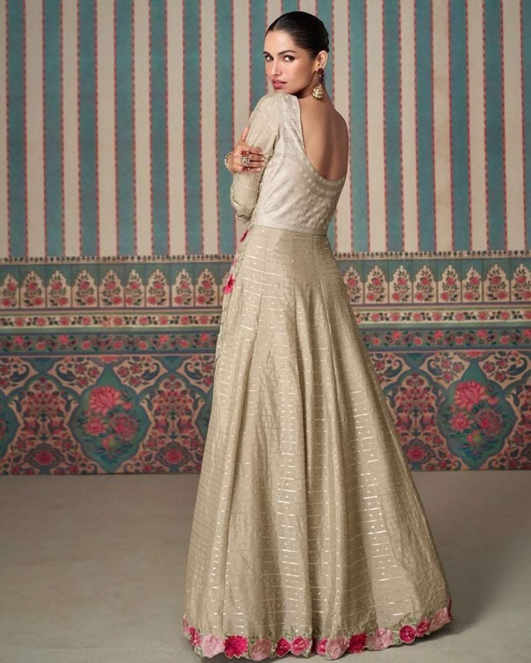 Elegant Premium Silk Floral Anarkali Gown Beige – detail view 5 – Sakhi Fashions