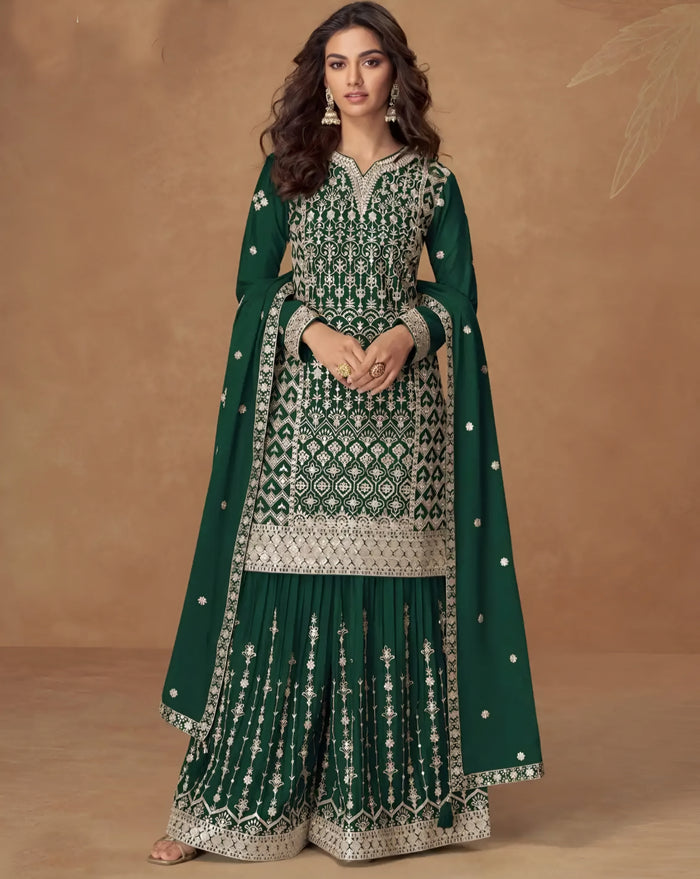 Embroidered Chinon Silk Palazzo Suits Green – Sakhi Fashions
