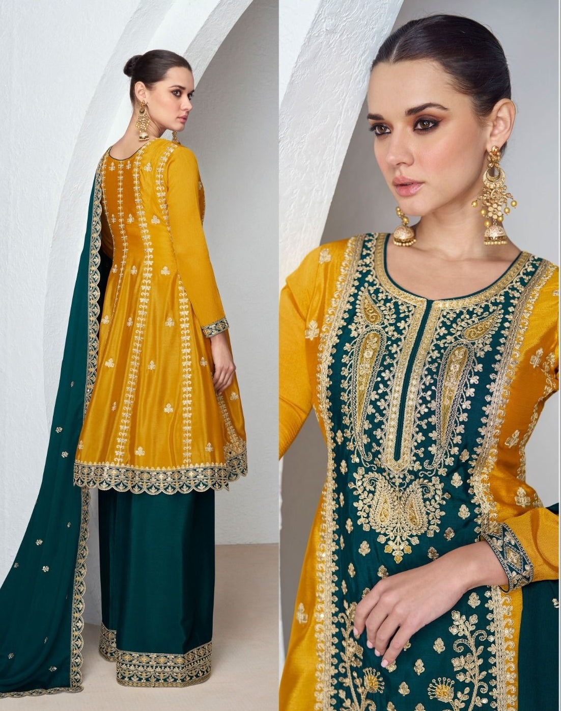 Embroidered Chinon Silk Palazzo Suits Green – detail view 3 – Sakhi Fashions