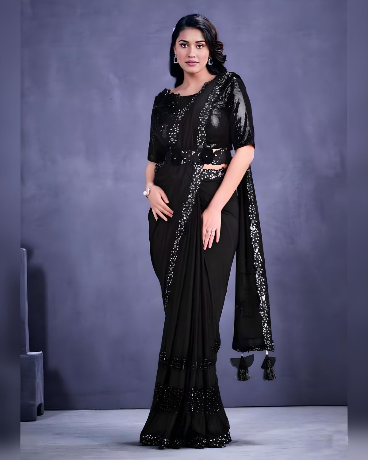 Embroidered Crepe Lycra  Ready to Wear Saree Black – Sakhi Fashions