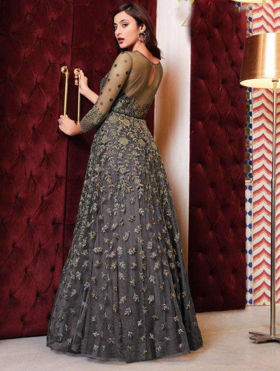 Heavy Embroidered Net Salwar Kameez Gray – detail view 2 – Sakhi Fashions