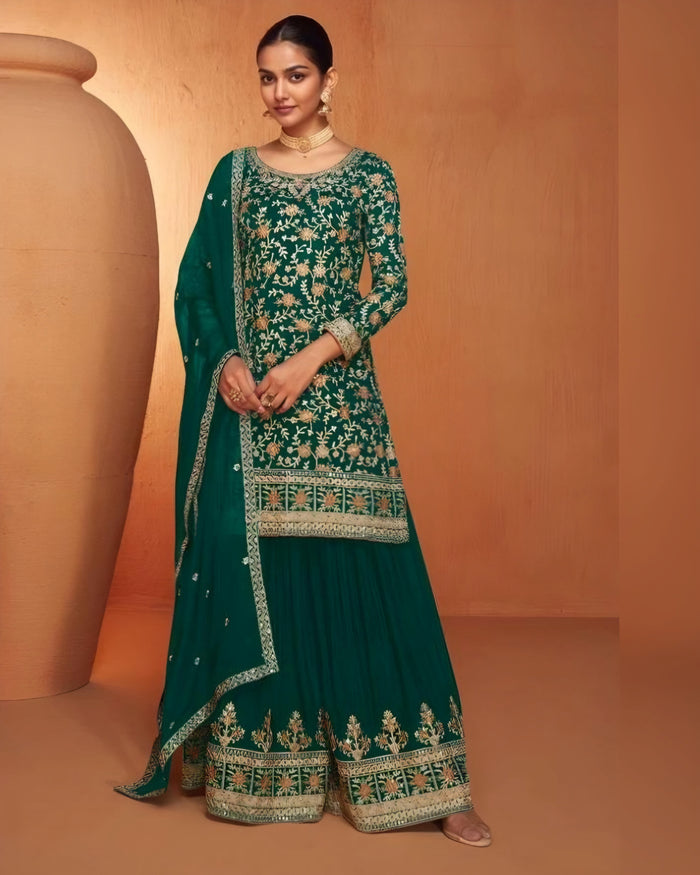 Heavy Embroidered Top Palazzo Suits Green – Sakhi Fashions