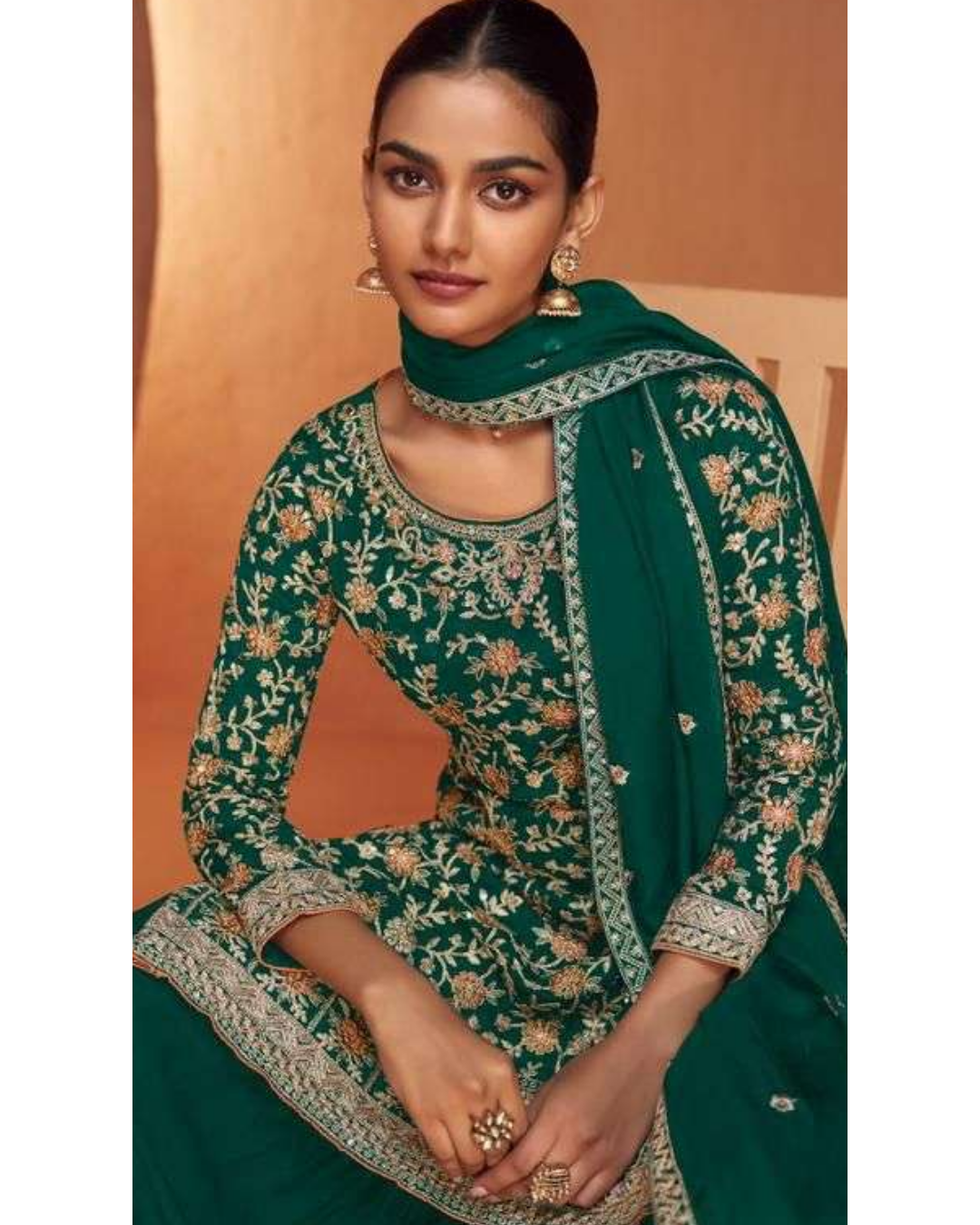 Heavy Embroidered Top Palazzo Suits Green – detail view 2 – Sakhi Fashions