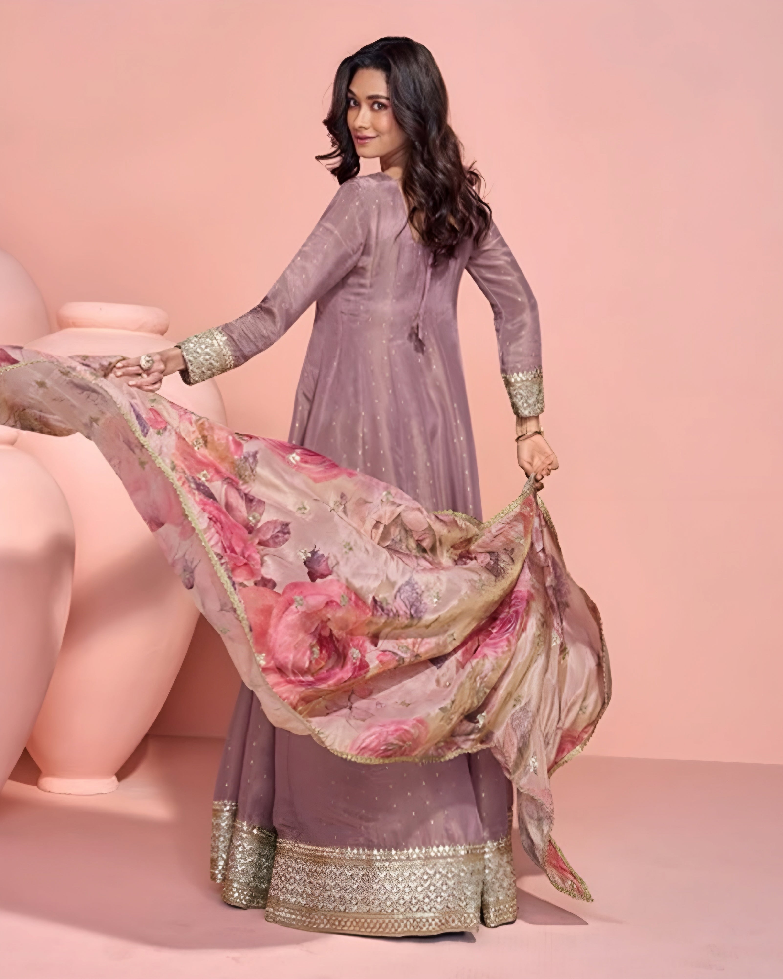 Back design of mauve Anarkali gown with gold detailing – Indian ethnic dress in Australia