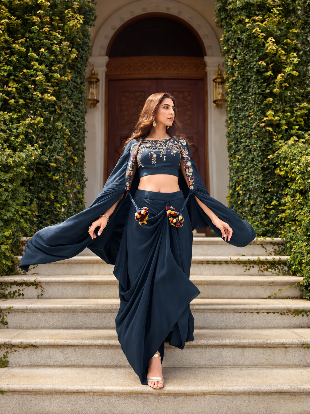 Navy Blue Embroidered Draped Lehenga Set