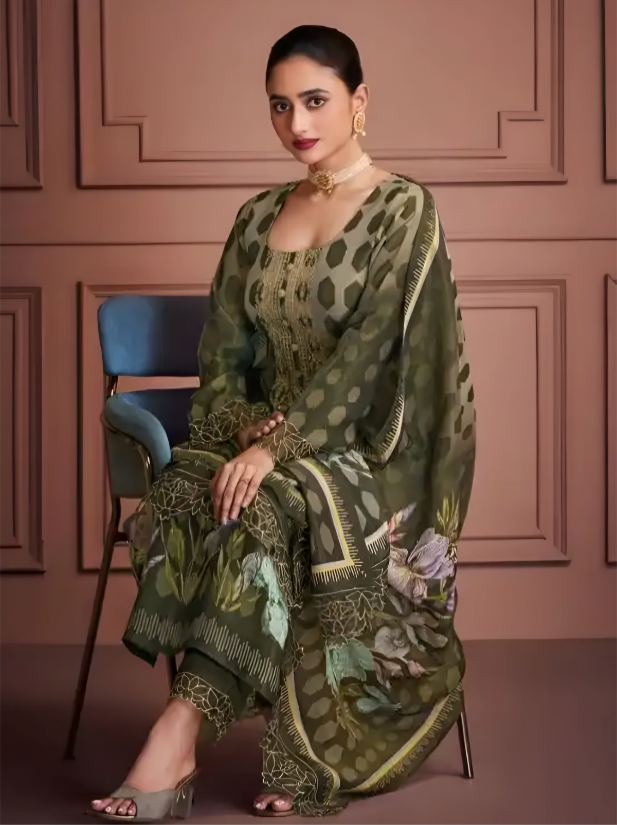 Olive Green Hexagon Pattern Muslin Salwar Suit with Floral Digital Print & Zari Embroidery – detail view 2 – Sakhi Fashions