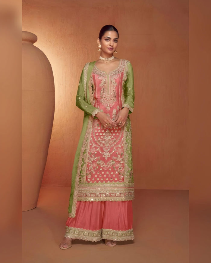 Peach and Olive Green Embroidered Real Chinon Palazzo Salwar Suits – Sakhi Fashions