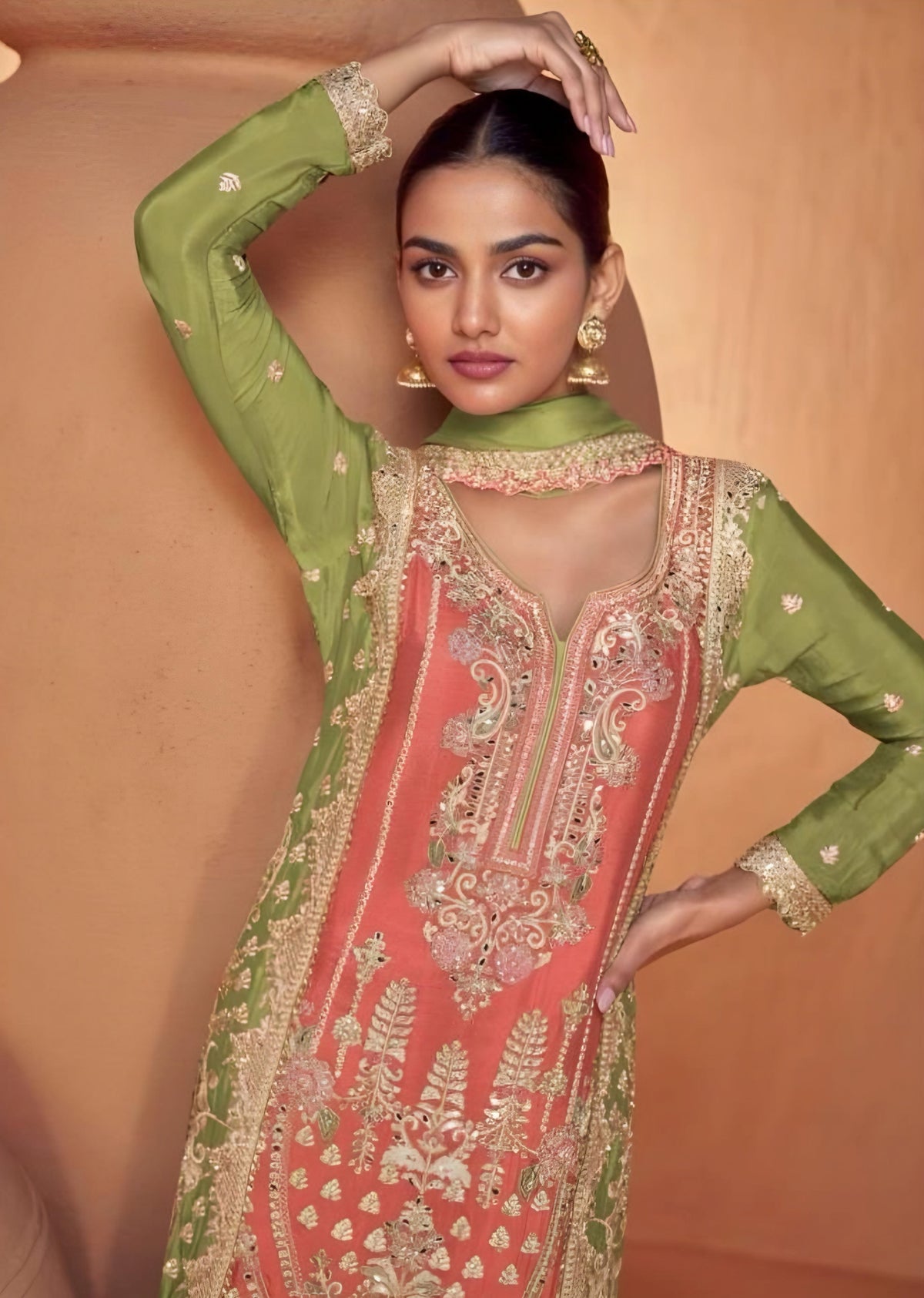 Peach and Olive Green Embroidered Real Chinon Palazzo Salwar Suits – detail view 2 – Sakhi Fashions