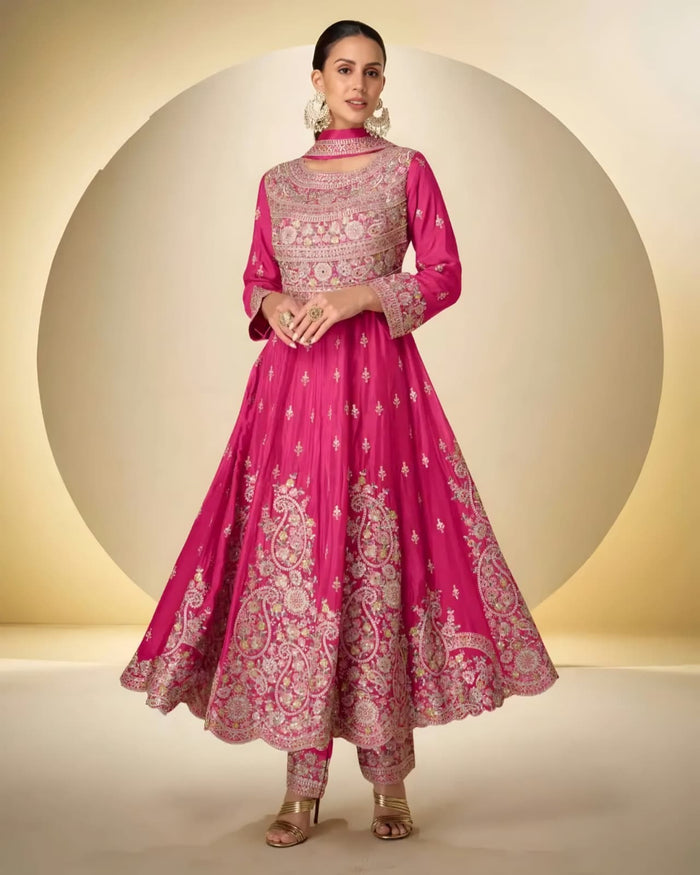 Pink Chinon Silk Embroidered Anarkali Suit – Sakhi Fashions