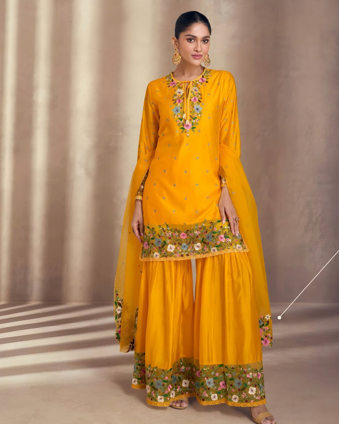 Premium Silk Embroidered Palazzo Suits Mustard Yellow – Sakhi Fashions