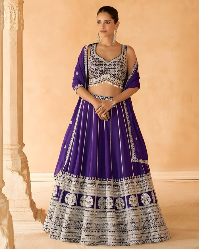 Purple Embroidered Chinon Silk Lehenga Set with Dupatta – Sakhi Fashions