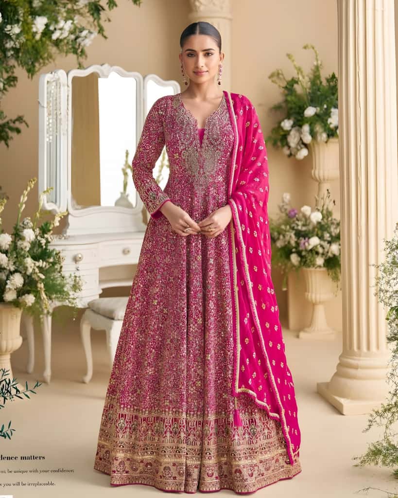 Rani Pink Heavy Embroidered Anarkali Gown – Sakhi Fashions